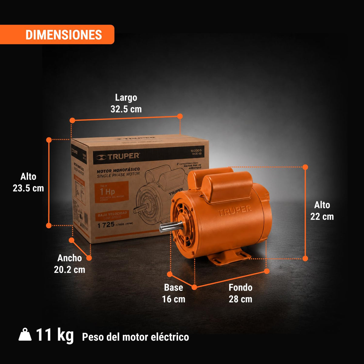 Truper MOE-1B, Motor eléctrico monofásico de 1 HP, baja velocidad, servicio continuo y reversible
