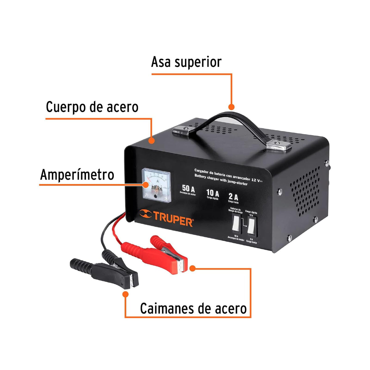 TRUPER Cargador de Baterías 12V, 50A, con Amperímetro