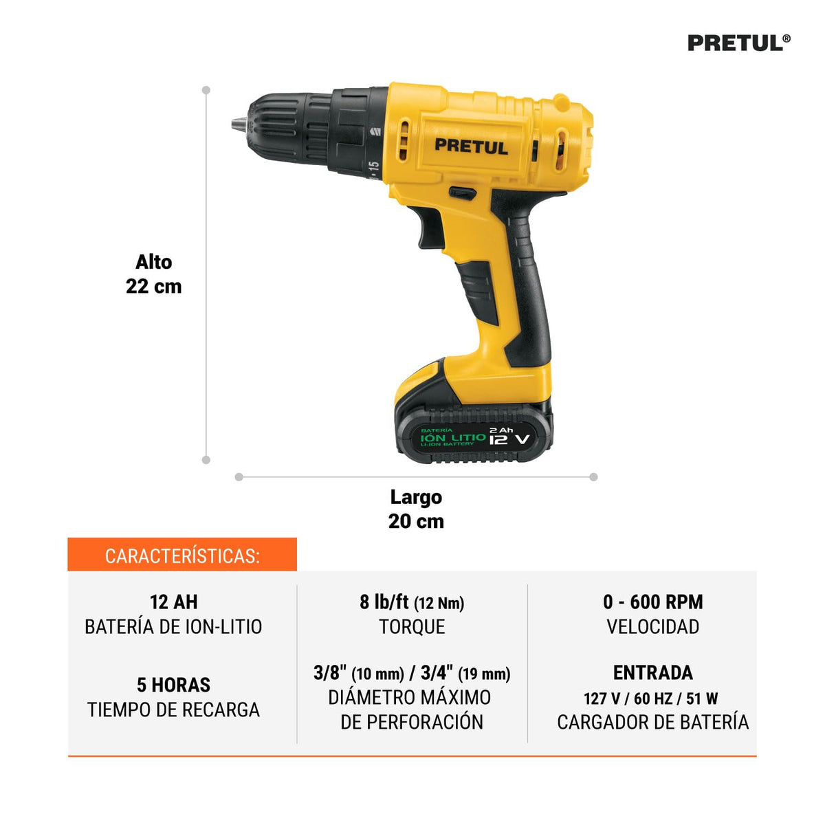 PRETUL TALI-12PK2, Kit taladro/destornillador 3/8", 12V con 33 accesorios