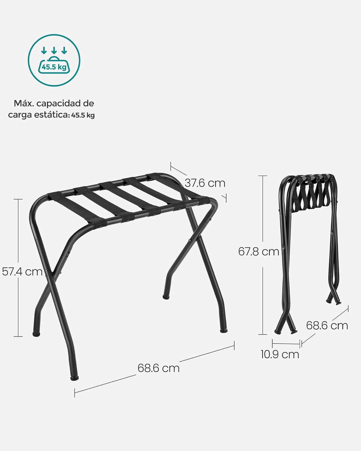 SONGMICS Portaequipaje con Marco de Acero, Juego de 2, Plegable, Soporte para Maletas con Correa Sólida, 69x40x55cm, Negro MRLR64B-2