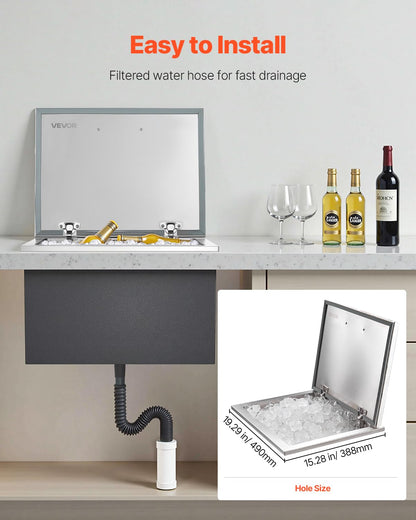VEVOR - Cofre de hielo caída, enfriador de acero inoxidable, cubeta de hielo comercial con tapa para cocina al aire última intervensión, bar de patio, juego de tubos de drenaje incluidos, contenedores
