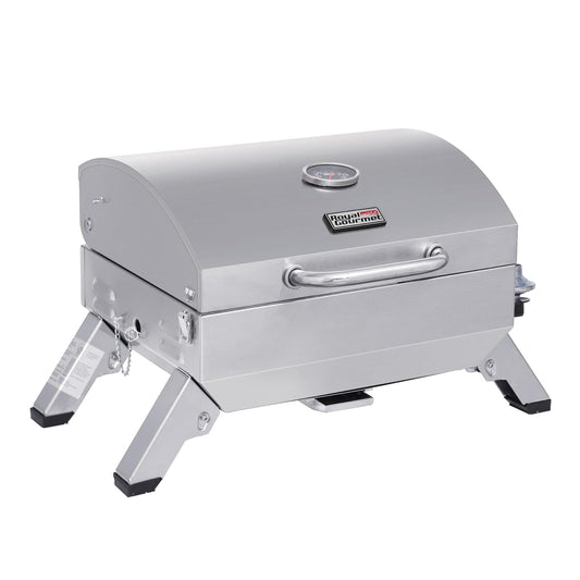 Royal Gourmet GT1001 - Parrilla portátil de acero inoxidable, parrilla de gas de mesa de barbacoa de 10000 BTU con patas plegables y tapa , camping al aire última intervensión, cubierta y portón trasero, color plateado