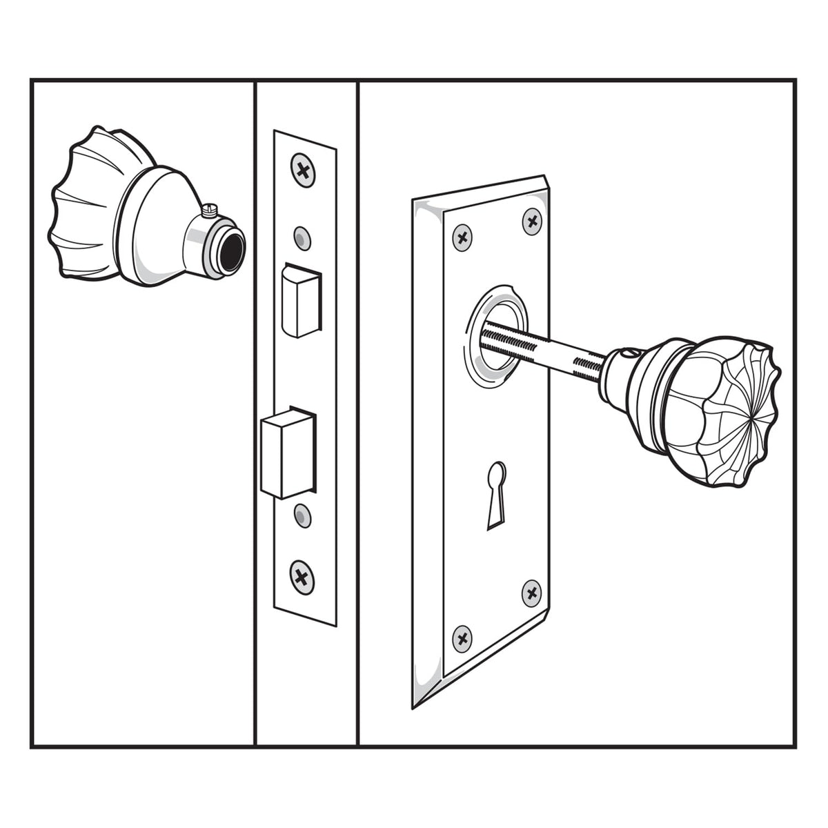 Prime-Line E 2294 Kit de montaje de cerradura de mortaja para interiores de estilo clásico, acero fundido, acabado chapado en latón, llave de esqueleto antigua, parte posterior, eje cuadrado máximo de