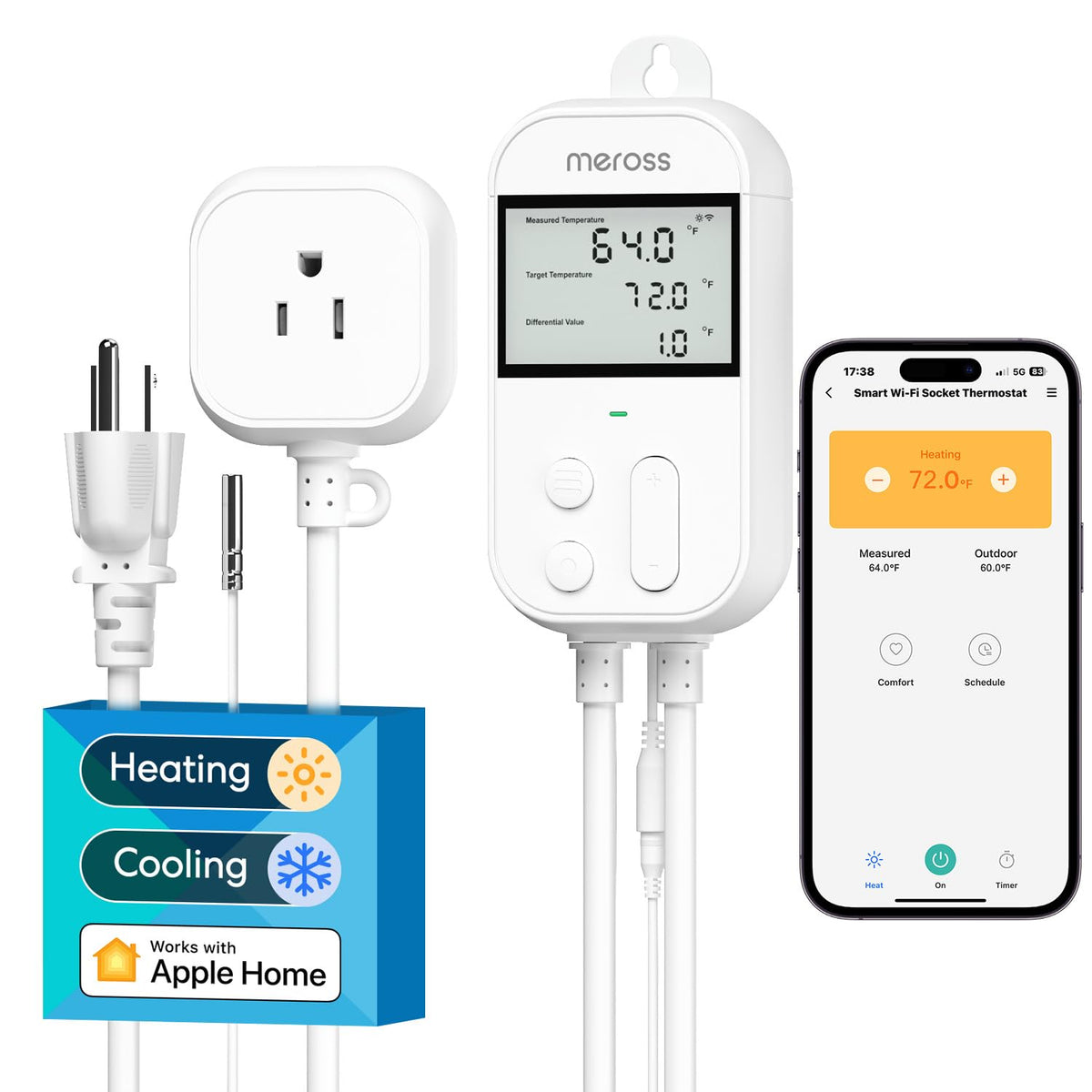 meross - driver de temperatura inteligente de 15 A, 1800 W, enchufe inteligente con control de termostato Wi-Fi, funciona con Apple Home, Alexa, Google Home para calefacción, enfriamiento