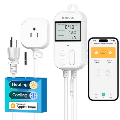 meross - driver de temperatura inteligente de 15 A, 1800 W, enchufe inteligente con control de termostato Wi-Fi, funciona con Apple Home, Alexa, Google Home para calefacción, enfriamiento