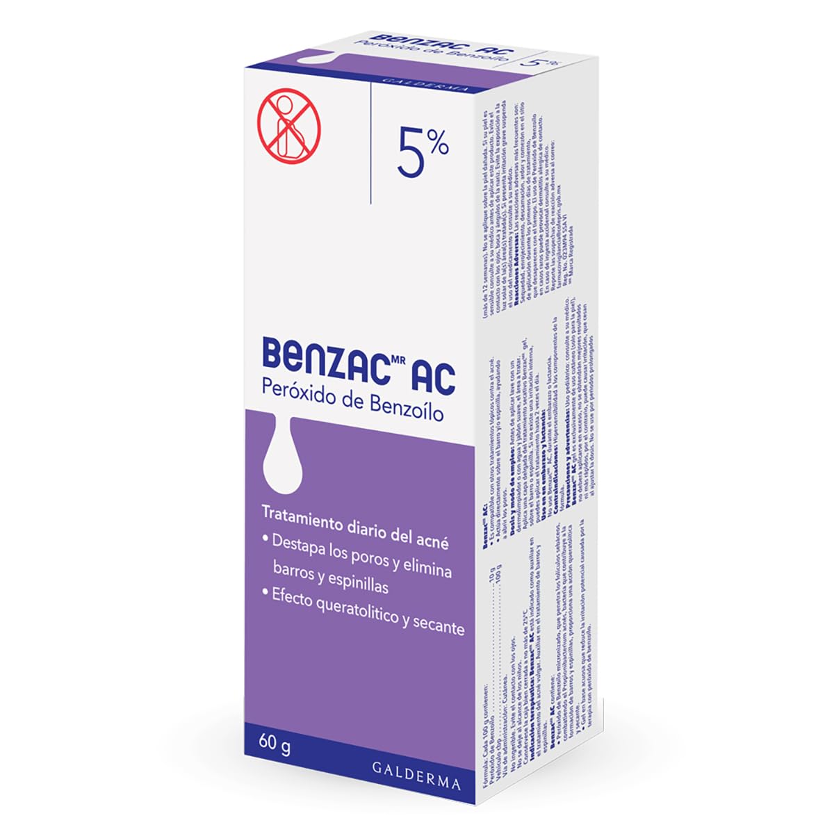 Benzac AC 5% Gel Peróxido de Benzoílo Para Acné Barros Espinillas Piel 60 g | Con peróxido de benzoílo 5% y tecnología AC; auxiliar en acné, ayuda a reducir grasa, barros, espinillas y poros tapados.