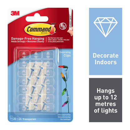 Command Clips de luz para exteriores, transparentes, 20 clips, 24 tiras, decoran sin daños + 3M Command Ganchos Decorativos, Mini, Transparentes (Modelo 17026CLR)