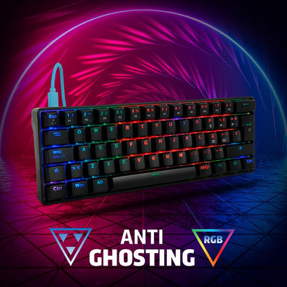 GAME FACTOR Teclado Gamer Mecánico Kbg560 60% Switch Blue Gateron RGB Anti Ghosting Negro