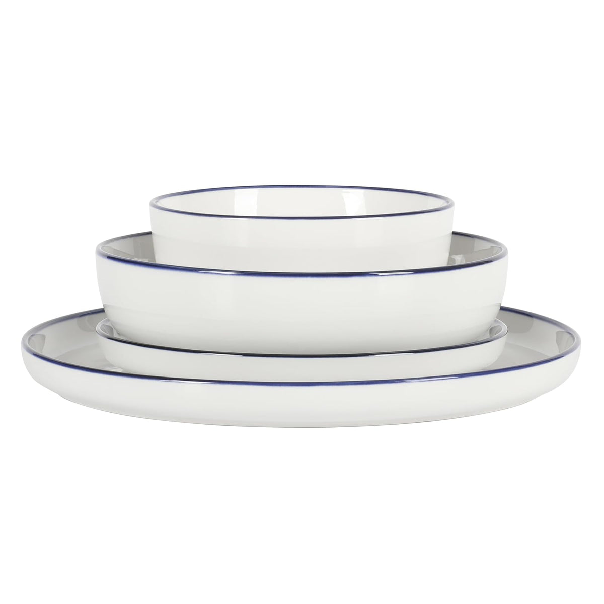 Gibson Home Oslo - Juego de vajilla de porcelana de cerámica resistente a los arañazos y astillas, apto para microondas y lavaplatos, platos y cuencos, color blanco con borde azul