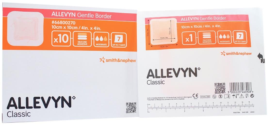 Smith and Nephew 66800270 Allevyn - Aderezo suave con bordes de 10.16 x 10.16 cm, caja de 10