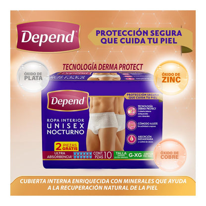 Depend Ropa Interior Nocturno Desechable para Incontinencia, Talla G-XG Unisex, Caja con 6 Paquetes de 10 Piezas (60 Piezas), con Tecnología Derma Protect, Protección segura que cuida tu piel.