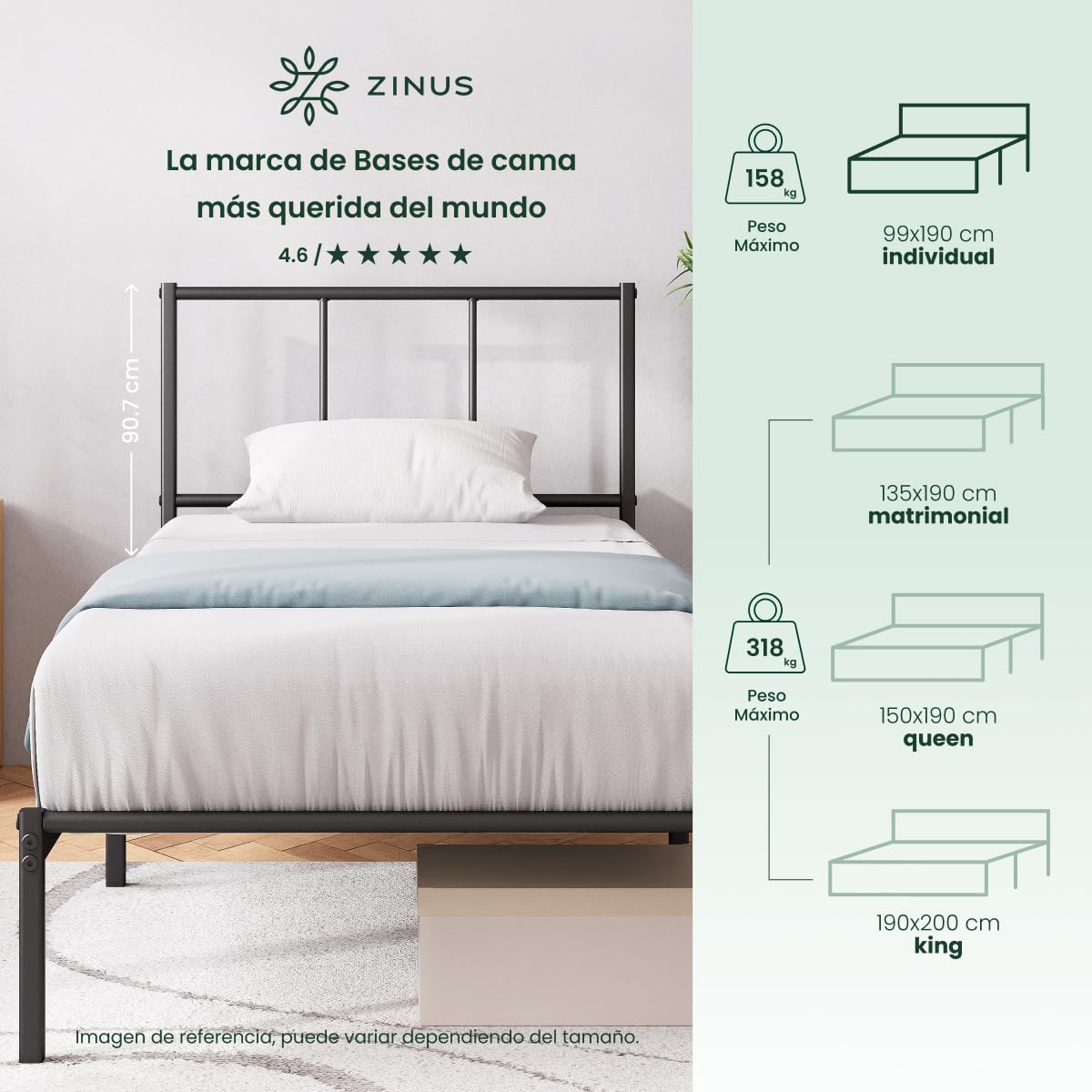 Zinus Florence | Base de Cama con Cabecera Metálica Individual Color Negro Estilo Moderno Base Resistente de Fácil Armado | Embalaje en Caja