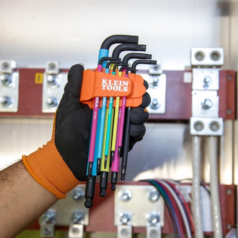 Klein Tools BLS18 Juego de llaves hexagonales con código de colores, SAE y métrico, tratado térmicamente, estilo L, brazo largo y extremo de bola, 1/16 pulgadas a 3/8 pulgadas y 1.5 mm a 10 mm, 18