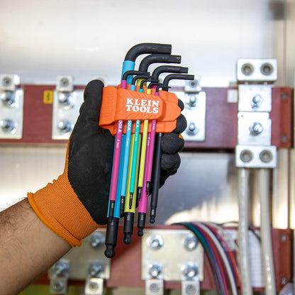 Klein Tools BLS18 Juego de llaves hexagonales con código de colores, SAE y métrico, tratado térmicamente, estilo L, brazo largo y extremo de bola, 1/16 pulgadas a 3/8 pulgadas y 1.5 mm a 10 mm, 18