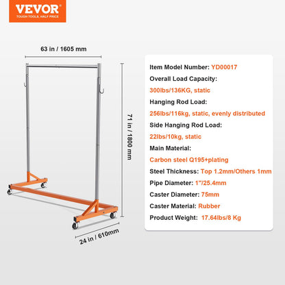 VEVOR Perchero Burro para Ropa en Z 60 x 159 x 180 cm Perchero Resistente con 4 Ruedas, Acero Inoxidable, Capacidad de 80 kg, Perchero Comercial con Base en Forma de Z con 2 Ganchos, Color Naranja