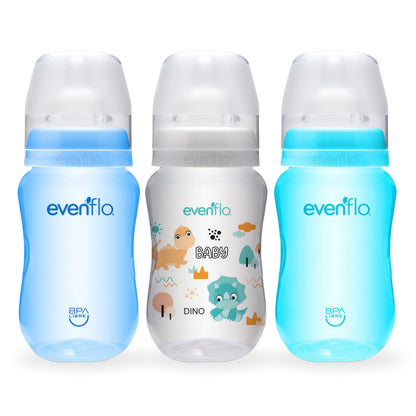 Evenflo Biberón Anticólicos Forest, Diseño de Dinosaurio, Cuello Ancho, 270ml/9oz, Azul y Turquesa, Flujo Medio, Sistema de Ventilación, 3 Piezas, para Bebés de 3 Meses en Adelante