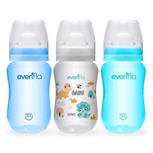 Evenflo Biberón Anticólicos Forest, Diseño de Dinosaurio, Cuello Ancho, 270ml/9oz, Azul y Turquesa, Flujo Medio, Sistema de Ventilación, 3 Piezas, para Bebés de 3 Meses en Adelante