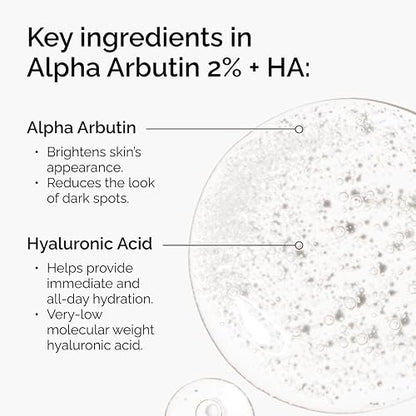 The Ordinary Alpha Arbutin 2% + HA, Suero Antihiperpigmentación con Alfa Arbutina y Ácido Hialurónico — Suero para mejorar el aspecto de manchas e iluminar la piel