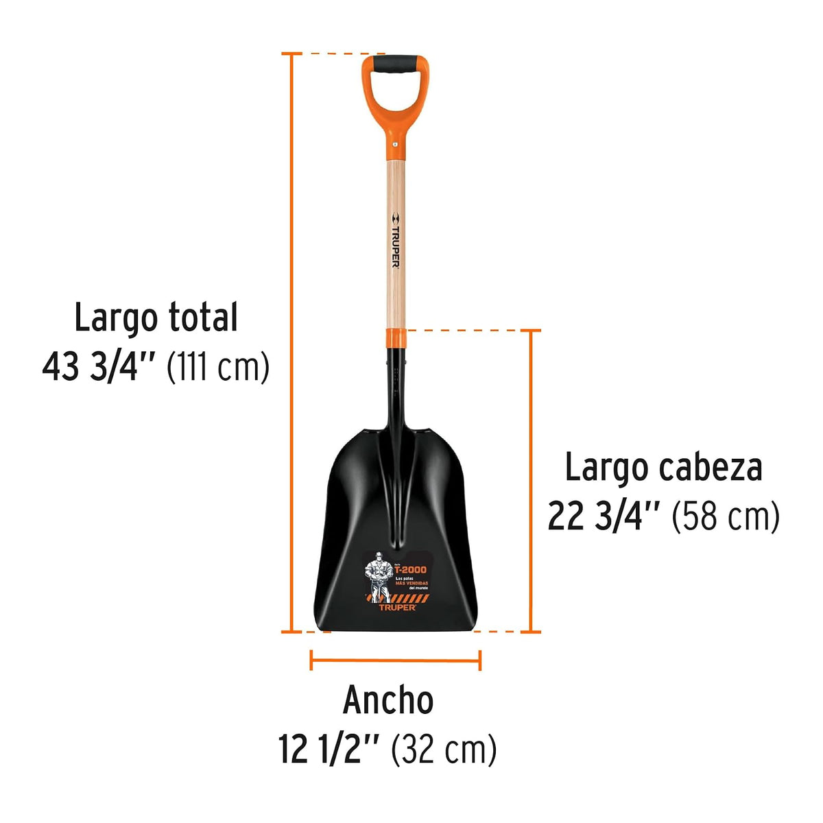 Truper PCAY-P, Pala carbonera, puño "Y", modelo T-2000, cabeza 22 3/4"