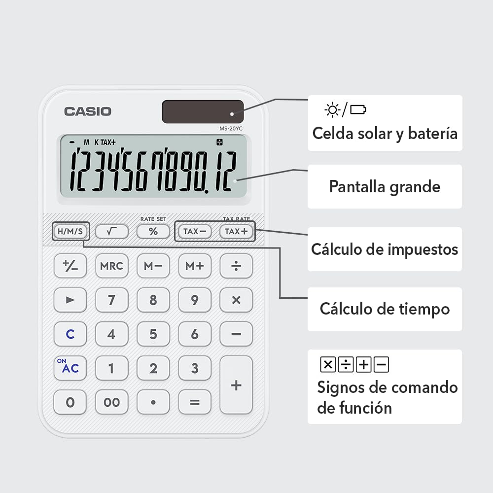 Casio Calculadora de Escritorio MS-20YC-WE, Color Blanco, 12 Dígitos