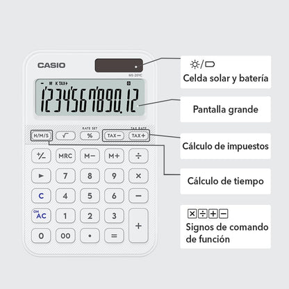 Casio Calculadora de Escritorio MS-20YC-WE, Color Blanco, 12 Dígitos