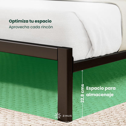 Zinus Shen | Base de Cama con Cabecera Metálica con Bamboo Individual Color Negro Estilo Contemporáneo 9 Patas y Listones de Fácil Armado | Embalaje en Caja