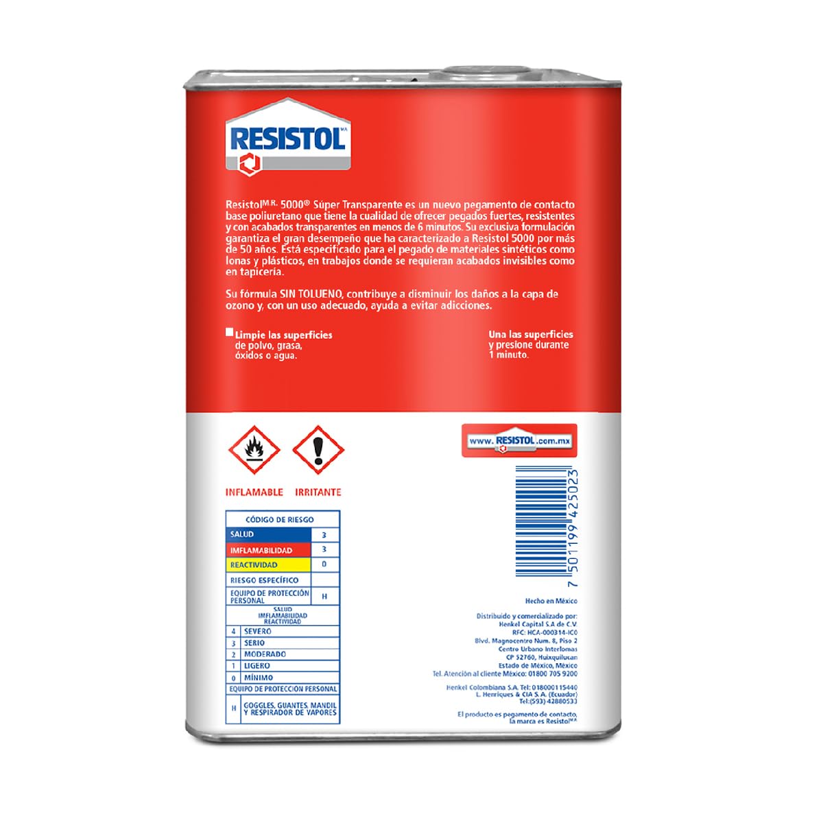 Resistol 5000 Superficies, pegamento para armado, bricolaje, laminado, enchapado y ensamble, adhesivo de fuerte agarre para madera, fieltro, cuero, metal y otros materiales, 1x18lt