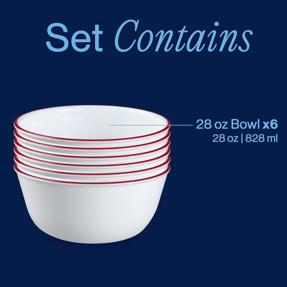 Corelle Vitrelle - Juego de 6 cuencos de vidrio, para sopa de cereales y postres, resistente a las virutas y ligero, juego de vajilla de tazón con banda roja de 28 onzas