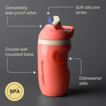 Tommee Tippee Vaso con Popote Sporty, 1-3 Años, Antiderrames, 266ml | Paquete de 2, Térmico, Asa Deportiva, Boquilla Resistente a Mordidas, Tapa Mantiene el Popote Limpio, Morado y Naranja