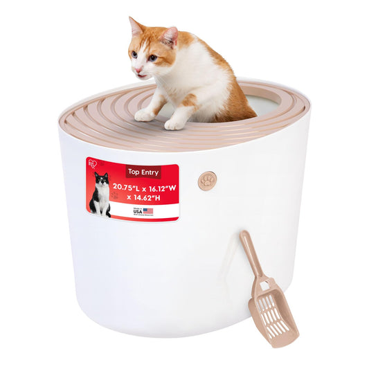 IRIS USA Gran arenero para Gatos con Entrada Superior y Pala, Elegante Caja Redonda para Gatos, arenero para Gatitos, Blanco/Beige