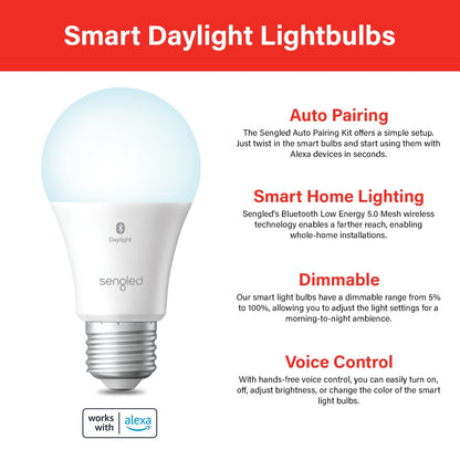 Sengled Bombilla inteligente de malla Bluetooth que funciona solo con Alexa, luz LED regulable, 800 lm, día blanco 5000 K, 8,7 W (equivalente a 60 W), paquete de 4