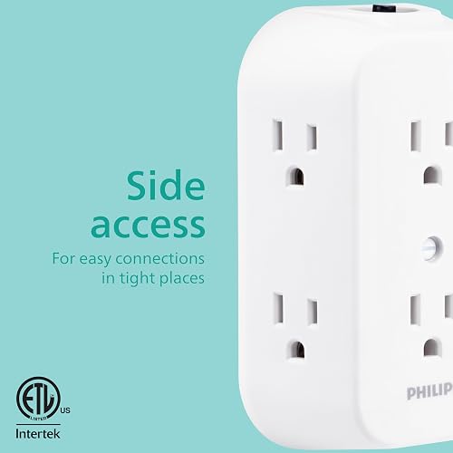 Philips, Multicontacto De Pared De 6 Salidas con Accesos Laterales E Interruptor De Voltaje Reseteable con Conexión A Tierra, Perfecto para Cargar Teléfonos Móviles, Blanco, 1 Unidad, SPS1460WA/37