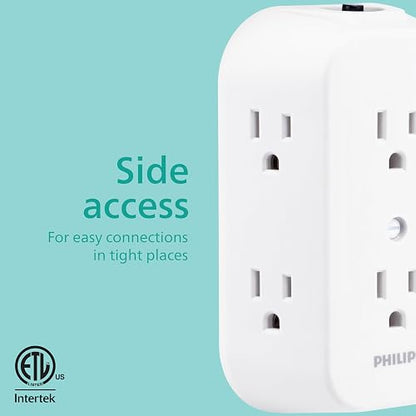 Philips, Multicontacto De Pared De 6 Salidas con Accesos Laterales E Interruptor De Voltaje Reseteable con Conexión A Tierra, Perfecto para Cargar Teléfonos Móviles, Blanco, 1 Unidad, SPS1460WA/37