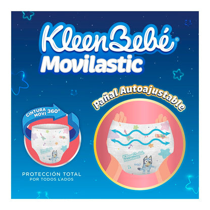 KleenBebé Movilastic Bluey Pañal Desechable para bebé, Talla Grande Unisex, Paquete con 40 Piezas, Ideal para Bebés de 9 a 12 kg