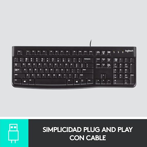 Logitech K120 Teclado con Cable para Windows, Plug-and-Play USB, Tamaño Normal, Resistente a Las Salpicaduras, Barra Espaciadora Curvada, Compatible con PC, Laptop - Negro