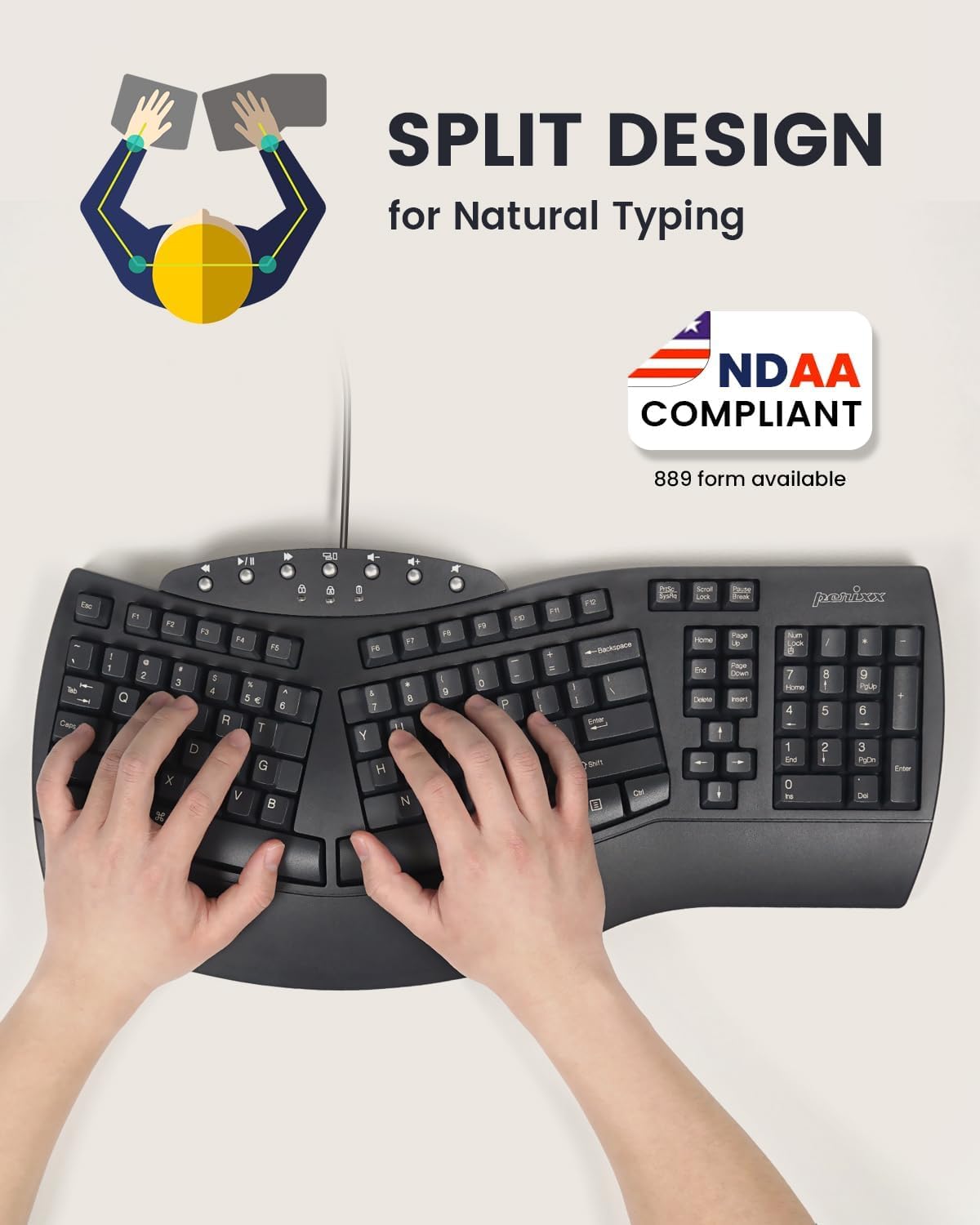 Perixx PERIBOARD-512B Teclado ergonómico con Cable - Teclado Dividido, reposamuñecas, Escritura Natural, conectividad USB con Cable - Inglés de EE. UU. - Negro