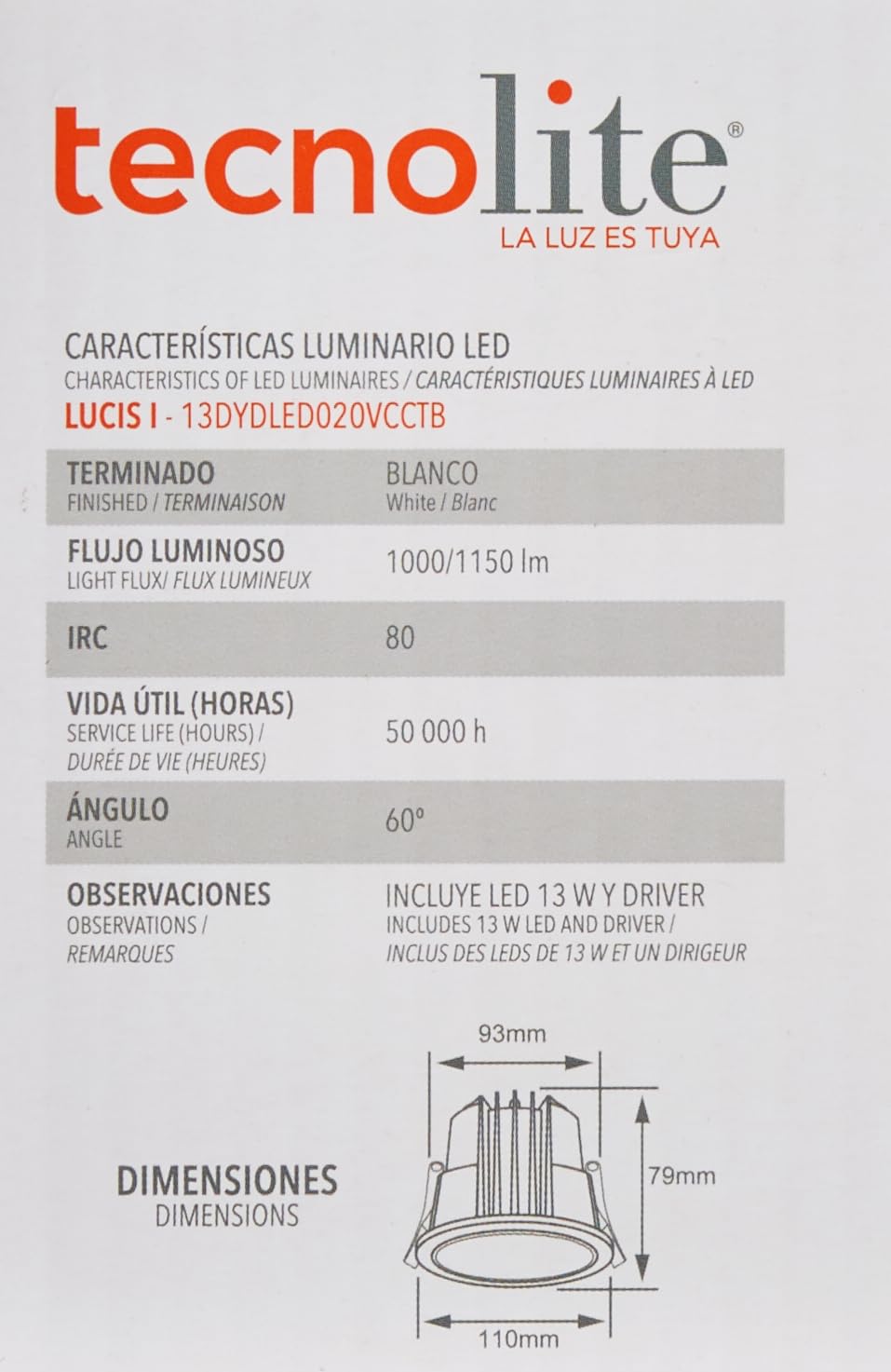 Tecnolite Lámpara Downlight LED Empotrable 13 W, Luz Blanca Configurable, Atenuable, IP54, LED integrado