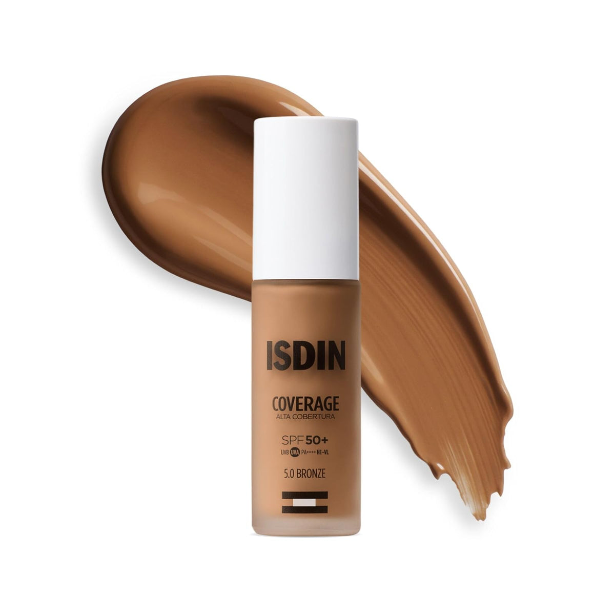 ISDIN Coverage SPF 50+ 5.0 Bronze, Base De Maquillaje Con Alta Protección Que Unifica El Tono Y Aporta Cobertura Modulable Con Acción Antiedad, Maquilla, Protege Y Cuida En Un Solo Gesto -30 ml