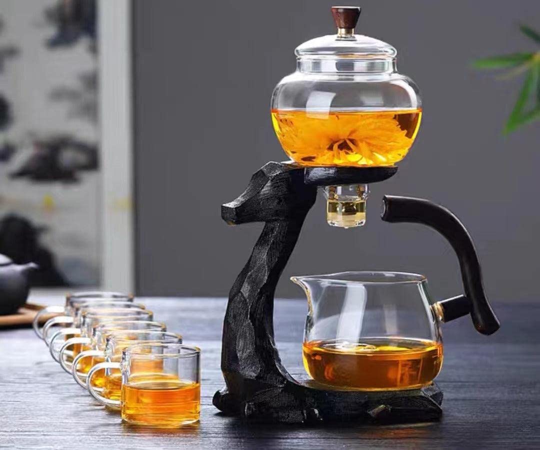 TRESSO Juego de Tetera de Vidrio Estilo Japonés, con Soporte en forma de Ciervo, Hecho de Madera 300 ml y 6 Tazas de Cristal, Set de 7 Unidades