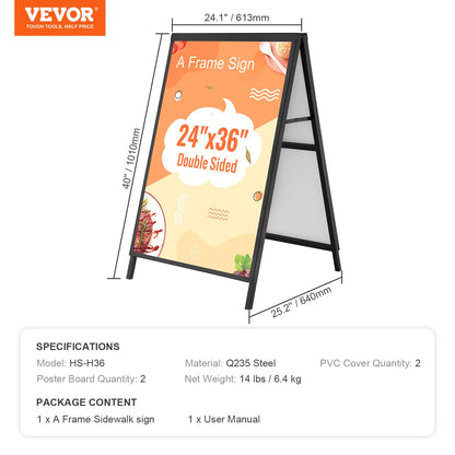 VEOVR Soporte para Carteles en Forma A Expositor Doble Cara 91x61 cm Caballete de Acero para Carteles Plegable y Portátil Tablero Publicitario Impermeable para Bares Restaurantes Exposiciones Exterior