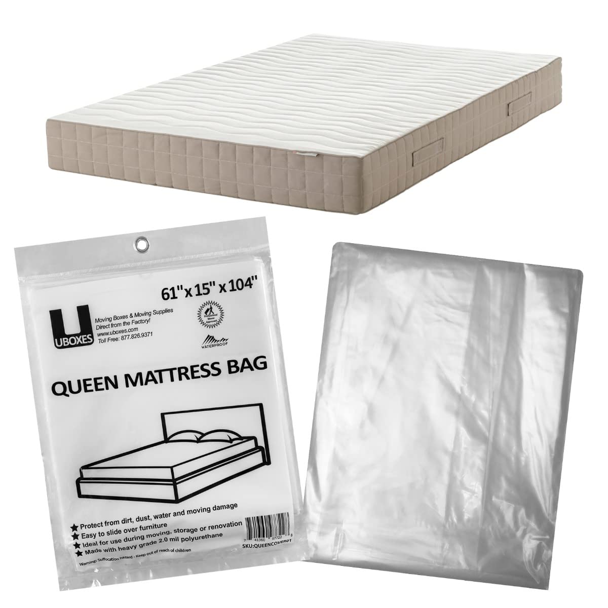 uBoxes Queen - Fundas de colchón de poliéster, 61 x 15 x 104 pulgadas, resistente, 2 mil, 1 paquete (Queencover01), plástico transparente