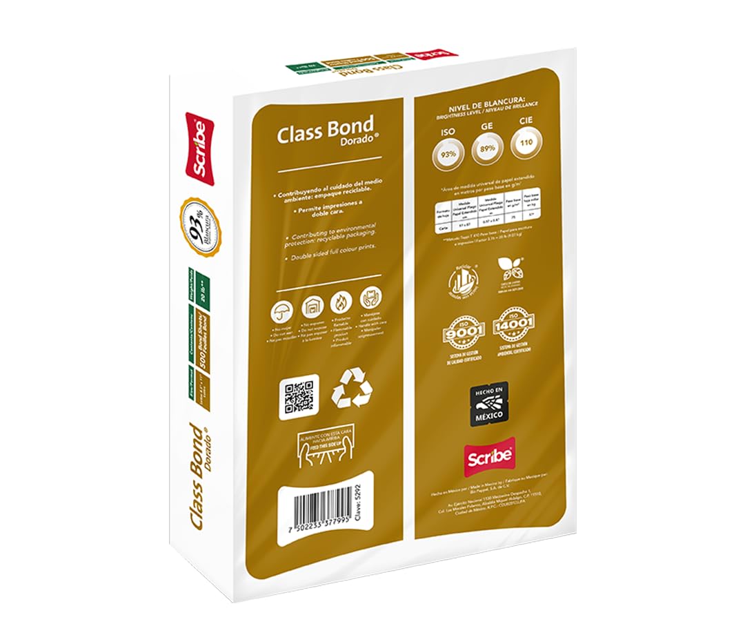 Scribe Class Bond Dorado FSC® | Papel multipropósito | Bond blanco | Tamaño Carta | 1 resma - 500 hojas | Reciclado y certificado | Alta blancura