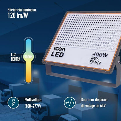 ICON Reflector LED 400W 5000K IP65 Negro | 48,000 lúmenes, 120 lm/W, aluminio con disipación térmica, IP65, supresor de picos 4kV