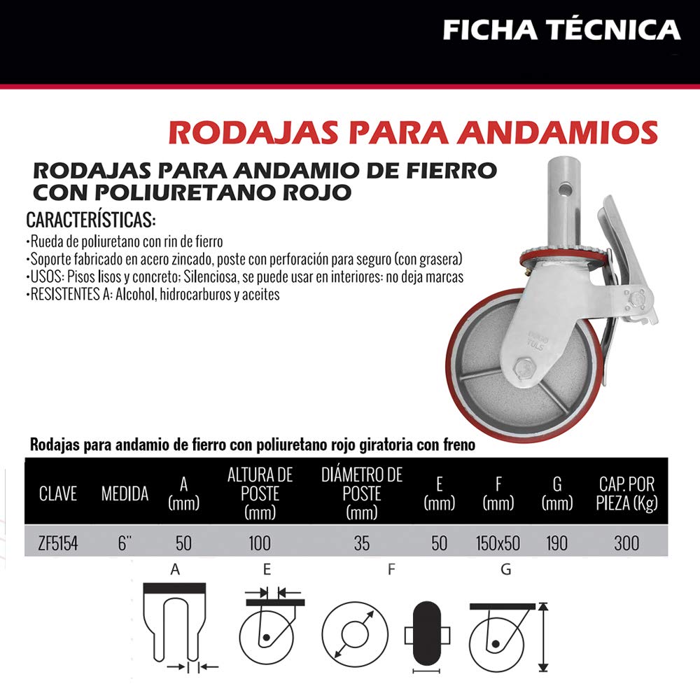 Dogotuls ZF5154 Rodaja para Andamio de Fierro con Poliuretano PU Giratoria con Freno, 6"