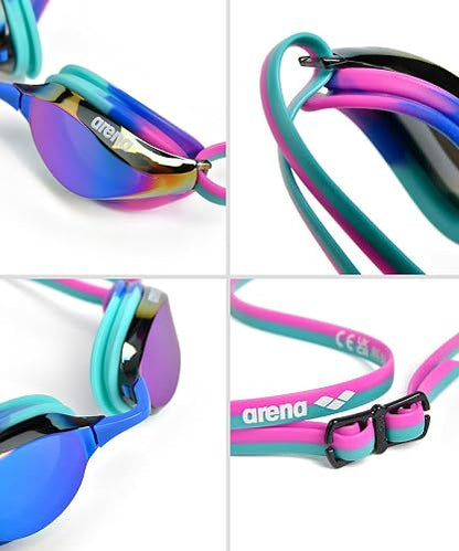 Arena - anteojos de natación unisex de Python Racing para hombres y mujeres, antivaho, sin fugas, máxima comodidad, doble correa, lente espejo/sin espejo