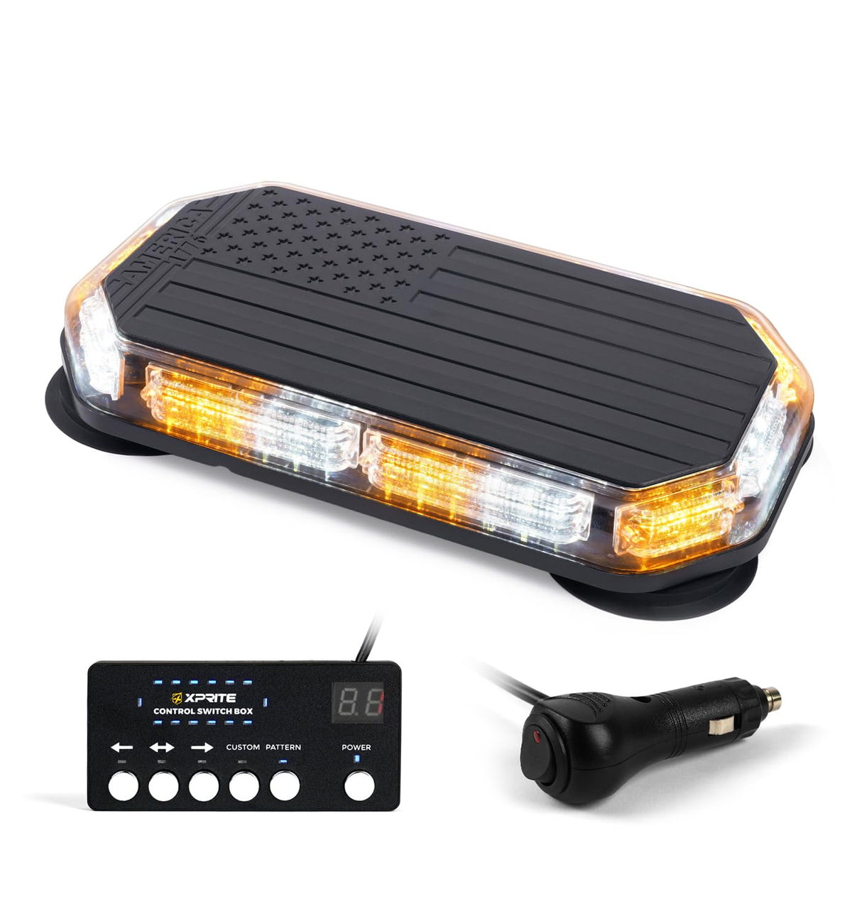 Xprite SLL-C120M-G5-WY Barra de Luz Estroboscópica de Emergencia Ámbar/Blanco con Bandera de EE. UU. y Panel de Control, Base Magnética
