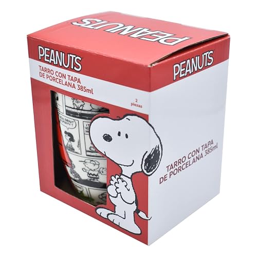 Fun Kids 1754-35 Taza para Café de Porcelana con Tapa Protectora, Diseño Snoopy Peanuts, Tarro para Bebidas Calientes Colección Snoopy Tira Cómica, 354 mililitros con Caja de Regalo