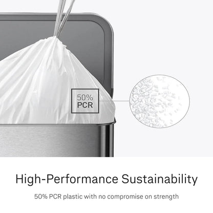 simplehuman Código K - 100 Bolsas Custom Fit con Cordón, Blanco | Cordón para Cierre Fácil, Dispensado Uno por Uno, Extra Gruesas y de Doble Costura, 50% Plástico PCR, 30-45 L / 8-12 Gal