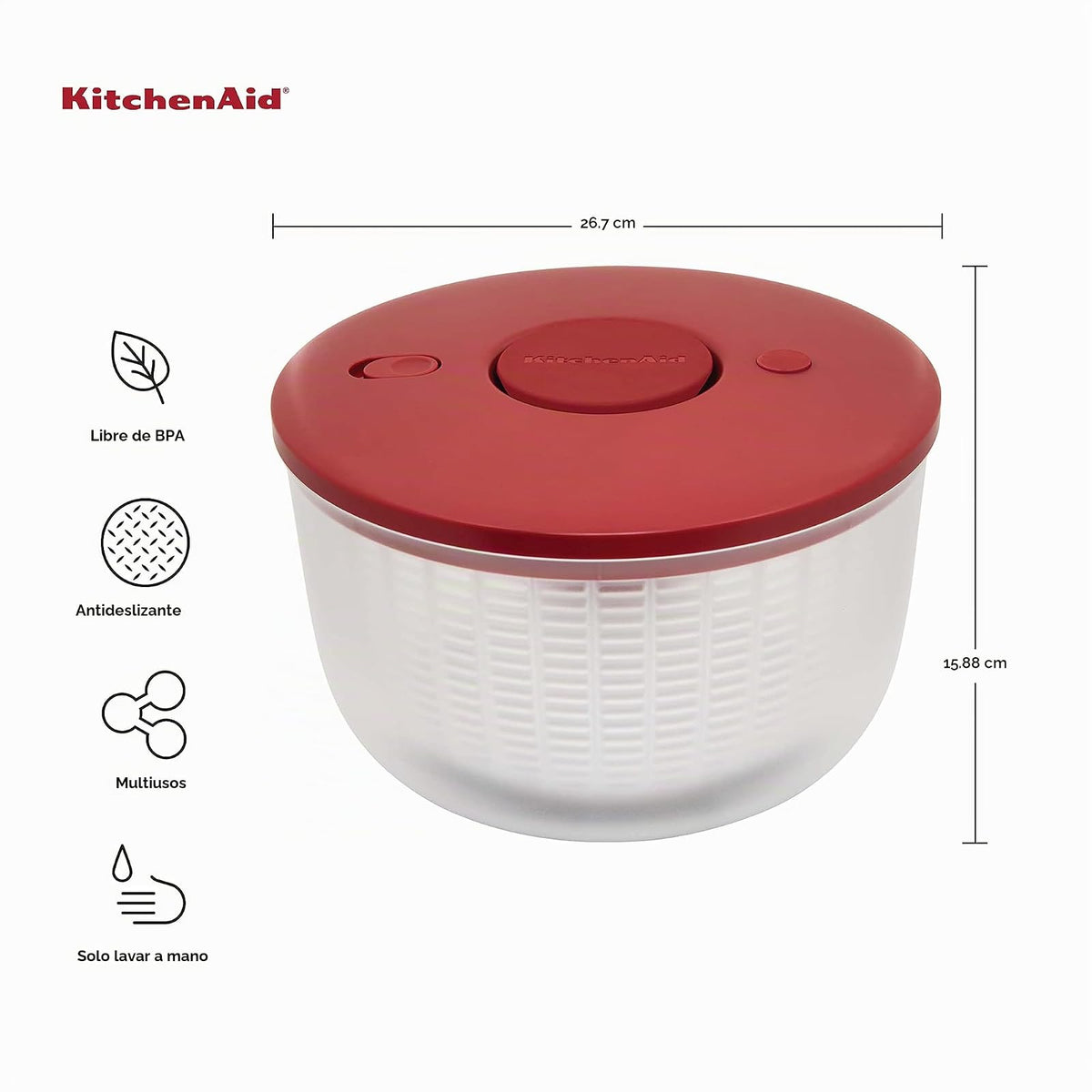 Kitchenaid Spinner Universal para Ensaladas con Tazón Extraíble, Colador y Mecanismo de Bomba con una Sola Mano, Nidos de Tazón Grande y Cuenta con Base Antideslizante, 7.43 Cuartos de Galón, Rojo