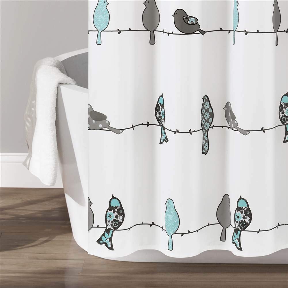 Lush Decor Rowley Birds - Cortina de Ducha de 72 Pulgadas de Ancho x 72 Pulgadas de Largo, Azul y Gris, diseño Floral Colorido de pájaros, Cortina de Ducha de pájaros caprichosa y juguetona -